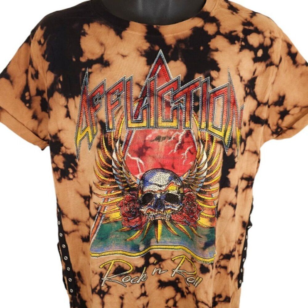 Affliction Rock N Roll T Shirt Womens Size Large Brown Skull Wings Rhinestones